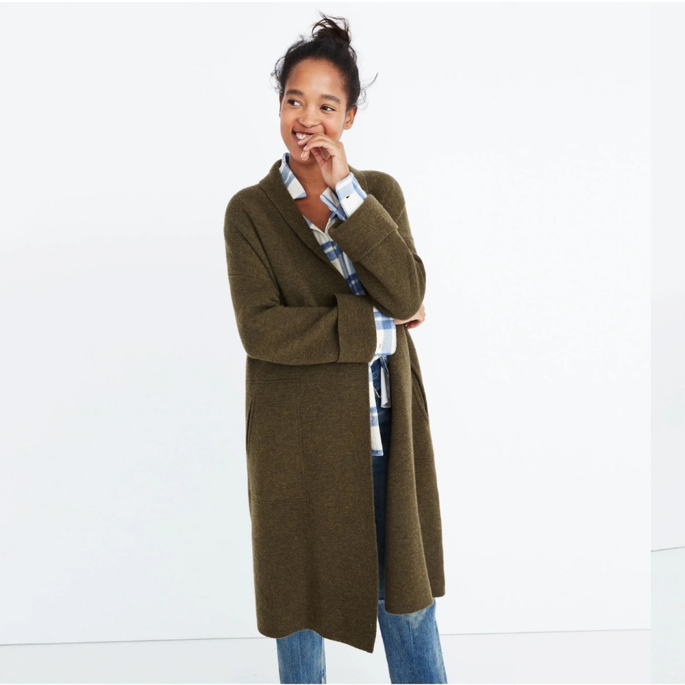 Madewell Rivington Open Front Sweater Coat Heather Elm Green Merino Wool Medium